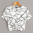 SHEIN Twist Hem Cross Wrap Hem Geo Print Crop Top Women Summer Casual Slim Fit Blouse Short Sleeve Womens Tops and Blouses