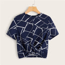 SHEIN Twist Hem Cross Wrap Hem Geo Print Crop Top Women Summer Casual Slim Fit Blouse Short Sleeve Womens Tops and Blouses