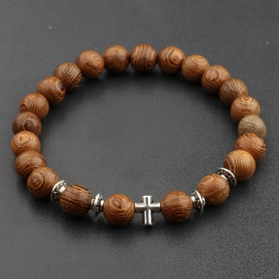 Hot Men Natural Wood Beads Cross Bracelets Onyx Meditation Prayer Bead Bracelet Women Wooden Yoga Jewelry Homme