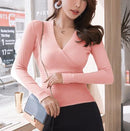 2020 nuevo suéter Sexy con cuello en V profundo, suéter de mujer, suéteres de fondo ajustados informales, Tops de manga larga de algodón elástico para mujer