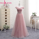Vestidos largos de dama de honor con cuello en V para mujer elegantes 2020 línea A vestido de fiesta rosa de tul brillante para fiesta de boda de talla grande