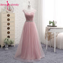 Vestidos largos de dama de honor con cuello en V para mujer elegantes 2020 línea A vestido de fiesta rosa de tul brillante para fiesta de boda de talla grande