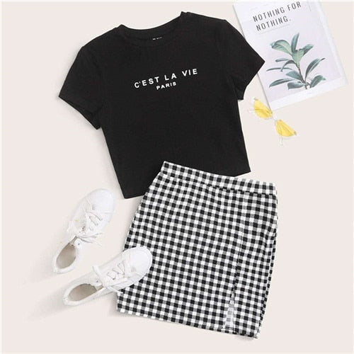 SHEIN Black and White Slogan Graphic Top and Split Hem Gingham Skirt 2 Piece Set Women Summer Casual Plaid Two Piece Sets