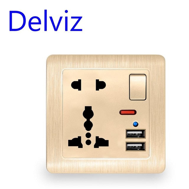 Enchufe USB estándar de la UE de Delviz, panel integrado gris, puerto USB dual 2.1A, CA 110-250V, enchufe de pared del Reino Unido, tomacorriente universal de 5 orificios