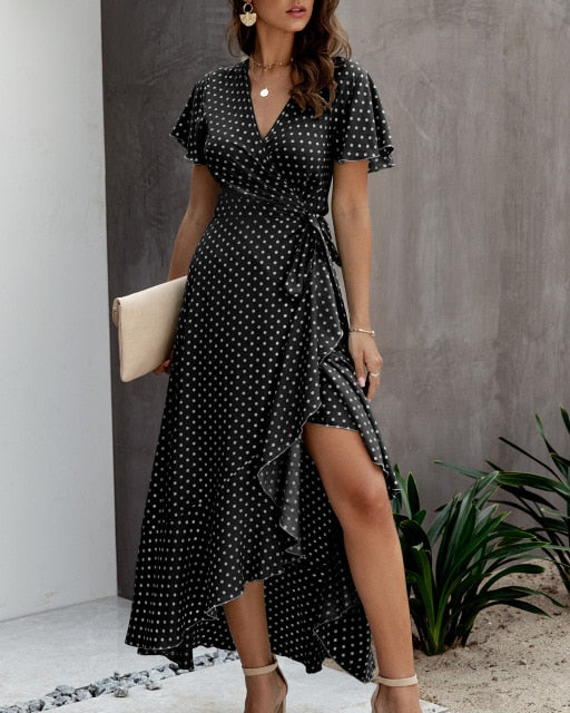 Sommer Maxikleid Frauen Polka Dot Sexy V-Ausschnitt Rüschen Kurzarm Urlaub Long Beach Sommerkleid Damen Lace Up Wrap Party Kleider