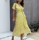 Summer Maxi Dress Women Polka Dot Sexy V Neck Ruffles Short Sleeve Holiday Long Beach Sundress Ladies Lace Up Wrap Party Dresses
