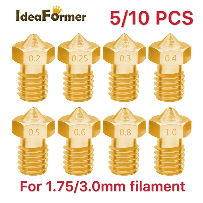 5/10 Uds impresora 3D V6 M6 boquilla de latón roscada 0,2/0,25 0,3/0,4/0,5/0,6/1,0mm para filamento de 1,75/3,0mm E3D V5 V6 extrusora Hotend