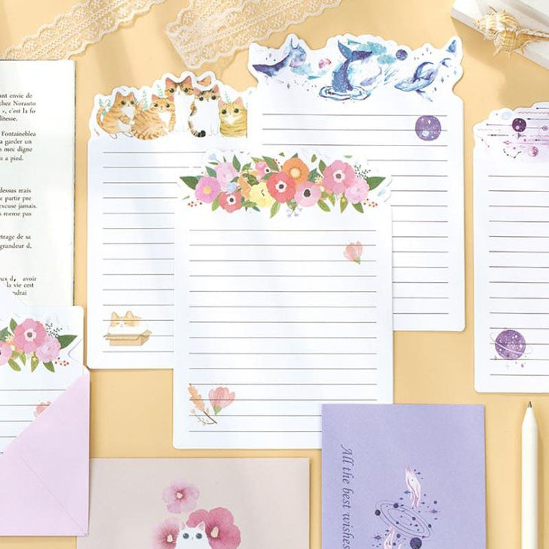 9 unids/set lindo 3 sobres + 6 papeles de letras ballena gato planeta flores sobre carta conjunto papel de escribir regalo papelería