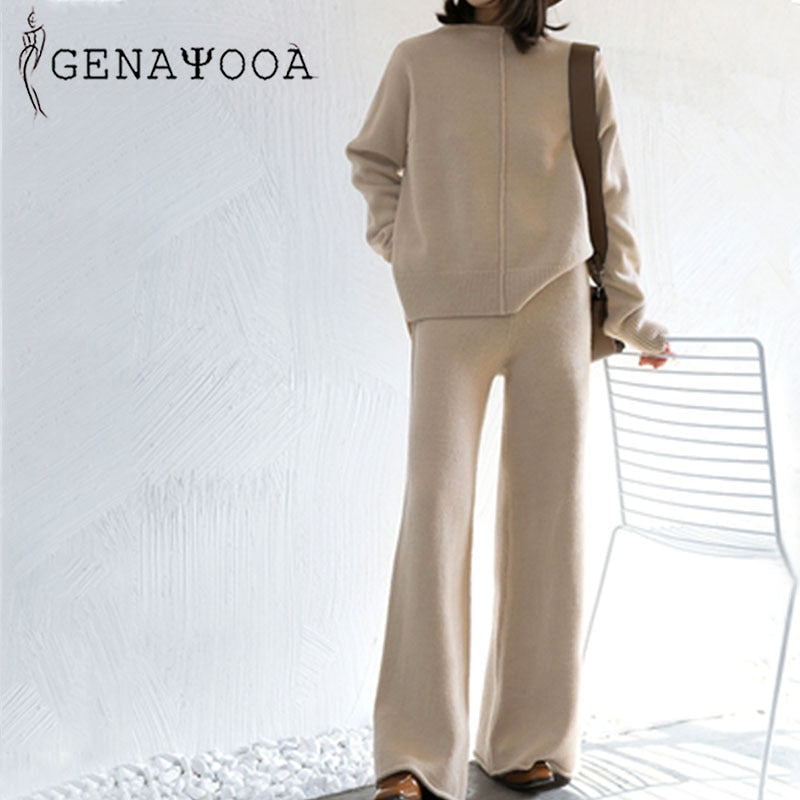 Genayooa, chándal de invierno, trajes de pantalón de 2 piezas para mujer, conjunto de dos piezas de manga larga de punto, Top y pantalones, traje de mujer, prendas de vestir coreanas