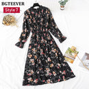 BGTEEVER Spring Stand Collar Floral Print Women Dress Lace Up Female Pleated Dress Summer Party Midi Chiffon Vestidos femme 2021