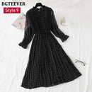 BGTEEVER Spring Stand Collar Floral Print Women Dress Lace Up Female Pleated Dress Summer Party Midi Chiffon Vestidos femme 2021