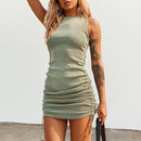 Hirigin Ribbed Mini Dress Women Off Shoulder Sexy Party O Neck Drawstring Knit Club Tank Bodycon Short Women's Summer Dresses