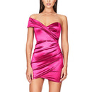 JillPeri Women One Shoulder Strapless Party Dress Solid Stretch Sheath Elegant Celebrity Outfit Club Wear Satin Dress