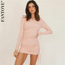FANTOYE Cotton Full Sleeve Dress 2020 Autumn New Women Fold Ruched Drawstring Slim Mini Dress Casual Streetwear O-Neck Dresses