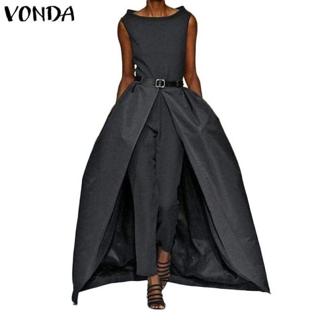 Women Jumpsuits Sexy Sleevelesss Playsuits Vintage Rompers Office Ladies Overalls Long Pants VONDA Female Trousers Pus Size