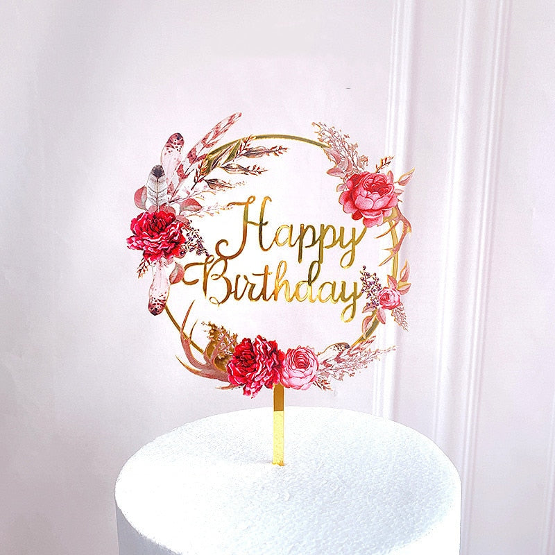 Nuevas flores de colores Topper para tarta de feliz cumpleaños acrílico dorado fiesta de cumpleaños postre decoración para Baby shower suministros para hornear