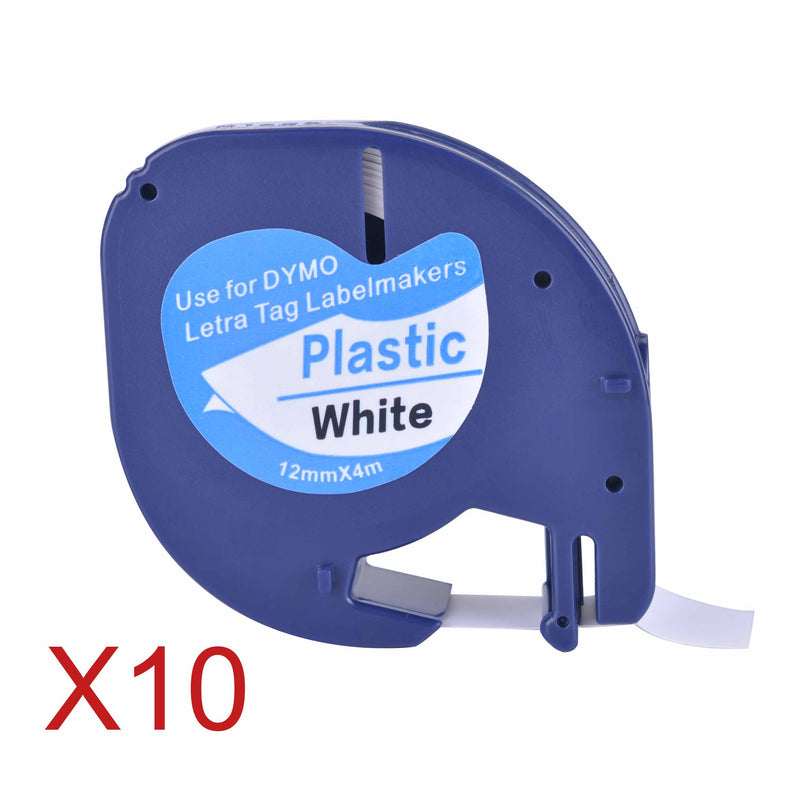 10 cintas de etiquetas de plástico compatibles con Dymo LetraTag 91201 negro sobre blanco (12 mm x 4 m) 91201 91221 59422 S0721660