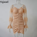 Yojoceli sexy gerafftes Kleid mit Blumendruck, Damen, quadratischer Ausschnitt, lange Ärmel, dünnes Minikleid, Chiffonkleid