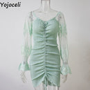 Yojoceli sexy gerafftes Kleid mit Blumendruck, Damen, quadratischer Ausschnitt, lange Ärmel, dünnes Minikleid, Chiffonkleid