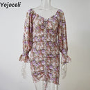 Yojoceli sexy gerafftes Kleid mit Blumendruck, Damen, quadratischer Ausschnitt, lange Ärmel, dünnes Minikleid, Chiffonkleid