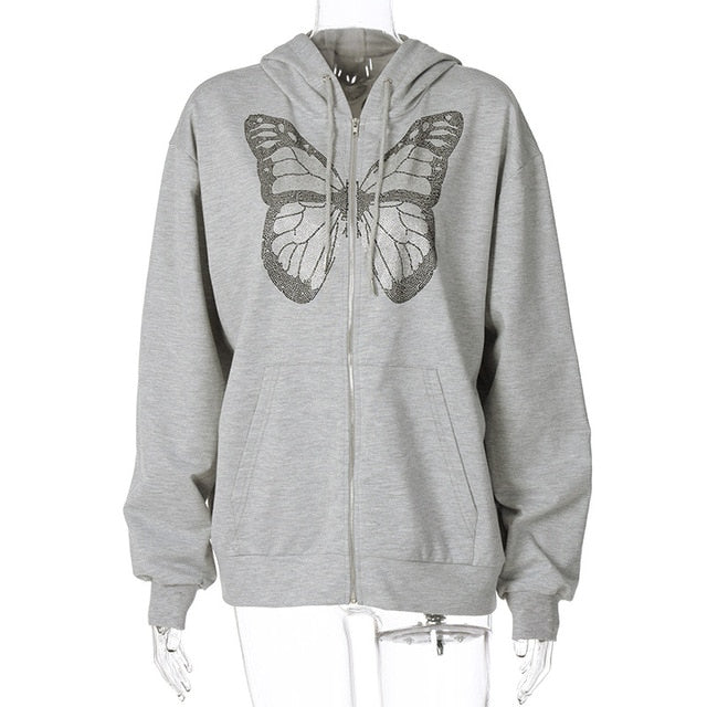ALLNeon Y2K Mode Übergroße Schmetterlingsgrafik Strass Reißverschluss Hoodies E-Mädchen 90er Streetwear Diamantgrau Lange Jacke Herbst