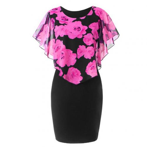 Plus Size Womens Dress Elegant Office Lady Rose Flower Print Cape Figurbetontes knielanges Kleid