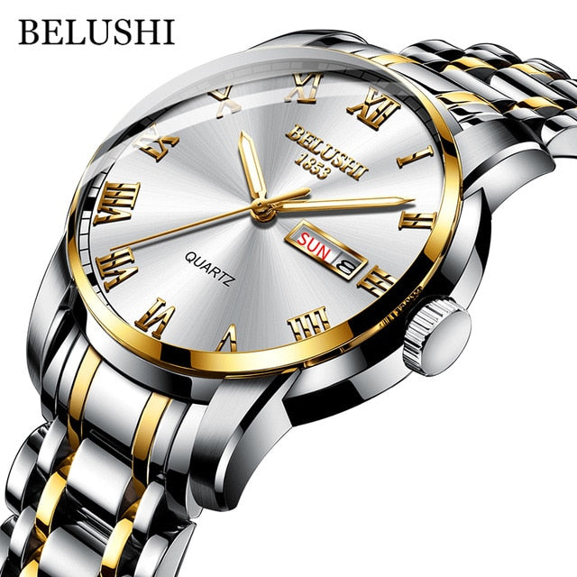 BELUSHI Top-Marken-Uhr-Mann-Edelstahl-Geschäfts-Datums-Uhr-wasserdichte leuchtende Uhren-Herren-Luxussport-Quarz-Armbanduhr