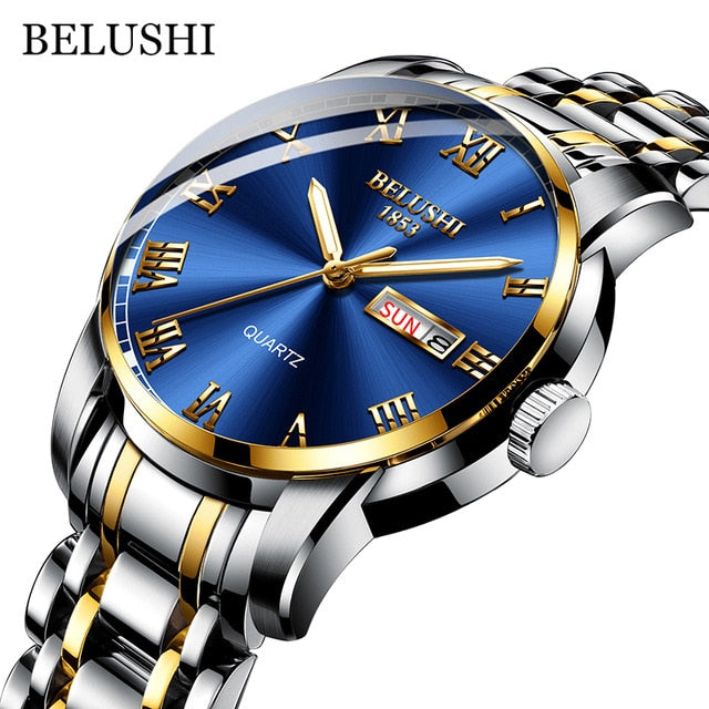 BELUSHI Top-Marken-Uhr-Mann-Edelstahl-Geschäfts-Datums-Uhr-wasserdichte leuchtende Uhren-Herren-Luxussport-Quarz-Armbanduhr