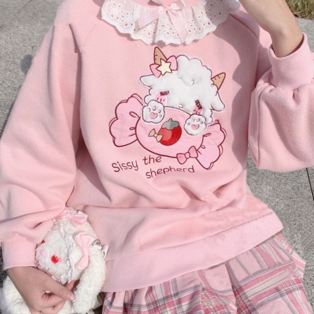 2020 Herbst Neue Frauen Lace Neck Nette Hoodies Harajuku Kawaii Sweatshirt Frauen Rosa Pullover Lamm Und Süßigkeiten Stickerei Sudadera