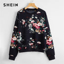 SHEIN Navy Blue Drop Shoulder Floral Print Pullover Women Autumn Round Neck Long Sleeve Casual Sweatshirts