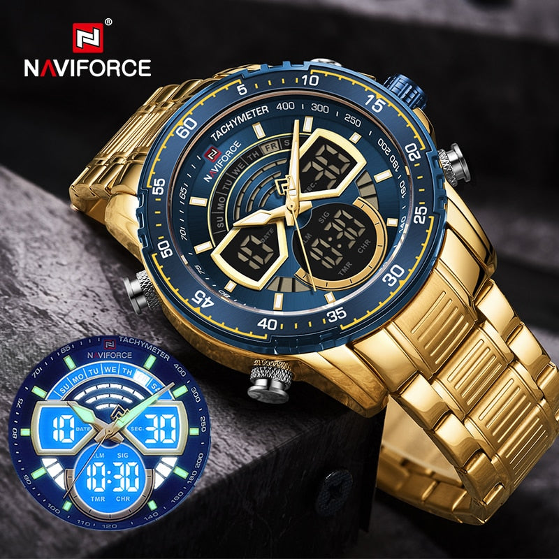 NAVIFORCE, relojes deportivos militares a prueba de agua para hombres, reloj de pulsera Digital de cuarzo analógico de lujo para hombres, relojes dorados con retroiluminación brillante