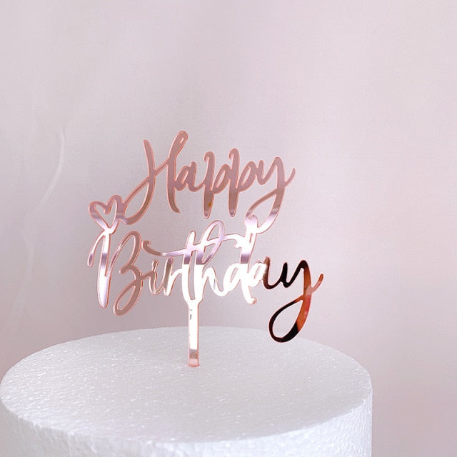 Nuevo Topper para tarta de feliz cumpleaños, corazón de oro rosa, adorno acrílico para pastel de cumpleaños para niños, adornos de pastel de fiesta, Baby Shower