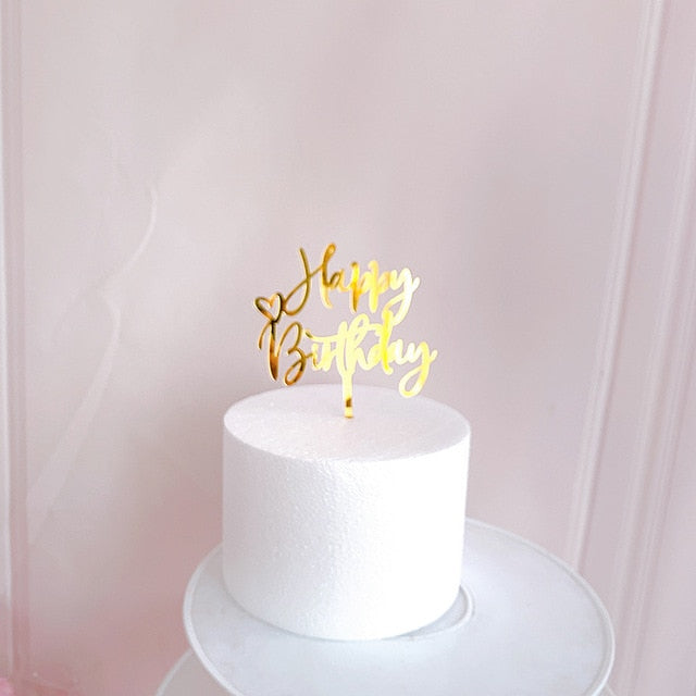 Nuevo Topper para tarta de feliz cumpleaños, corazón de oro rosa, adorno acrílico para pastel de cumpleaños para niños, adornos de pastel de fiesta, Baby Shower