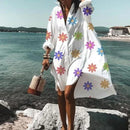 New Fall Summer Women V Neck Button Print Dress Casual Elegant Long Sleeves Irregular Shirt Dress Loose Sexy Beach Party Dresses