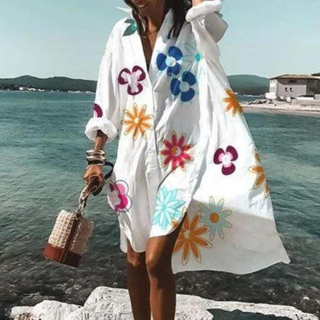 Nuevo otoño verano mujer cuello en V botón estampado vestido Casual elegante manga larga Irregular camisa vestido suelto Sexy playa vestidos de fiesta