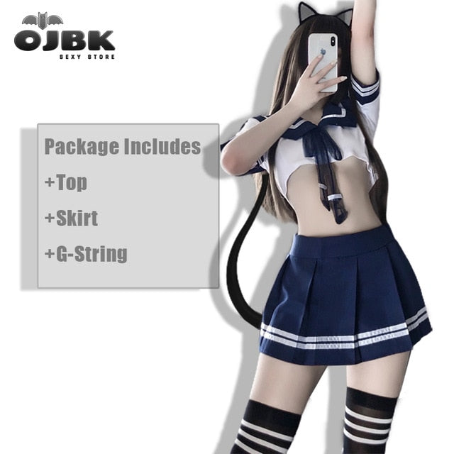 OJBK colegiala japonesa de talla grande disfraz Babydoll mujer Sexy Cosplay Lencería estudiante uniforme con minifalda animadora nuevo