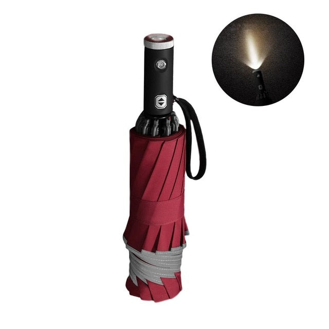 Automatischer Reverse-Klappschirm LED-Reflexstreifen Automatische Regenschirm-Taschenlampe Dreifacher winddichter Auto-Business-Regenschirm