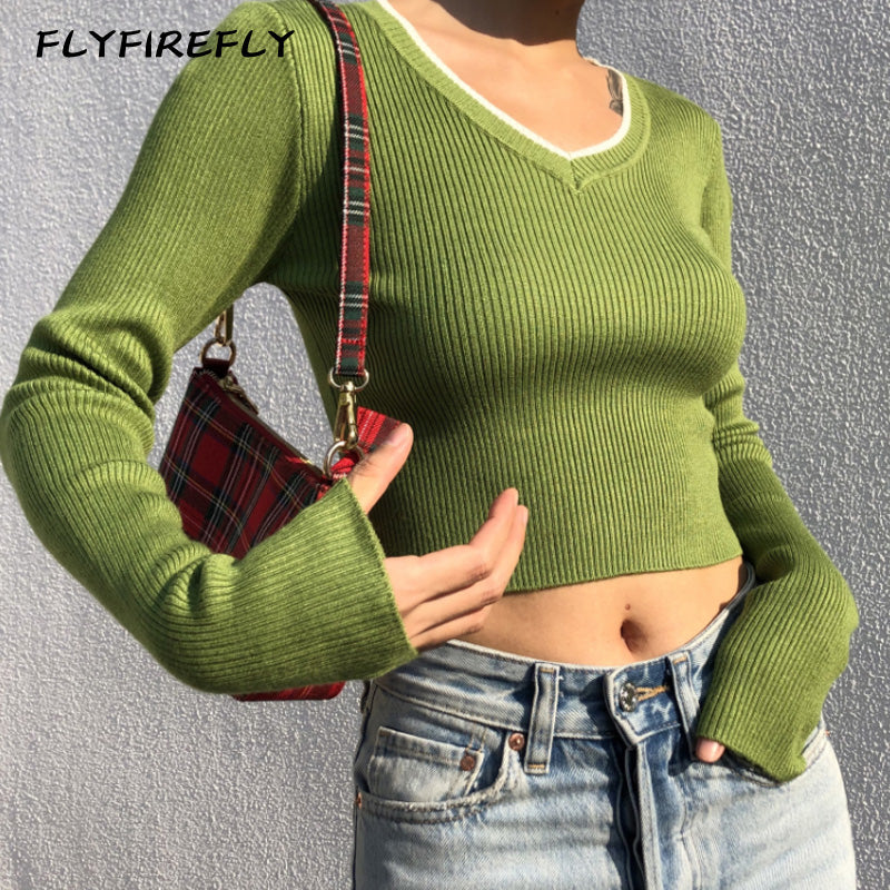 Blusa Vintage para mujer, top corto de manga larga, ropa de calle, blusas verdes, tops elegantes para mujer, camisa verde de moda coreana, ropa de calle