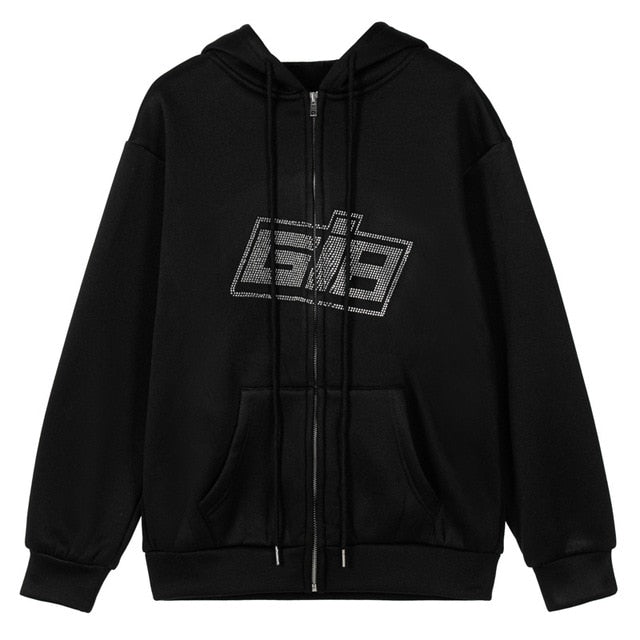 ALLNeon Y2K Fashion Rhinestone Zipper Oversized Hoodies E-girl Vintage Solid Letter Long Sleeve Black Sweatshirts Autumn Outfits