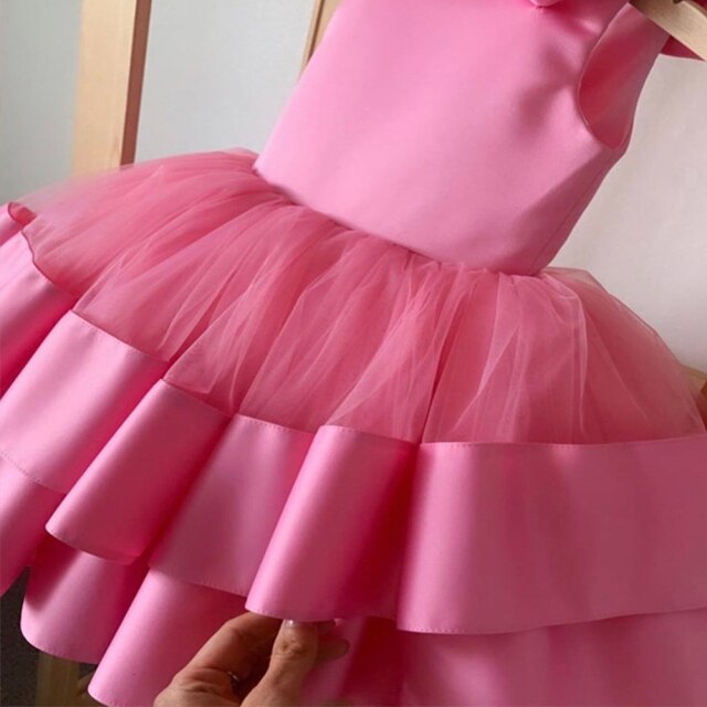 Puffy Layers Pink Flower Girl Dresses Satin Bow Kids Princess Dress Bow Shoulder Kids First Communion Dresses Birthday New Year