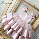 Puffy Layers Pink Flower Girl Dresses Satin Bow Kids Princess Dress Bow Shoulder Kids First Communion Dresses Birthday New Year
