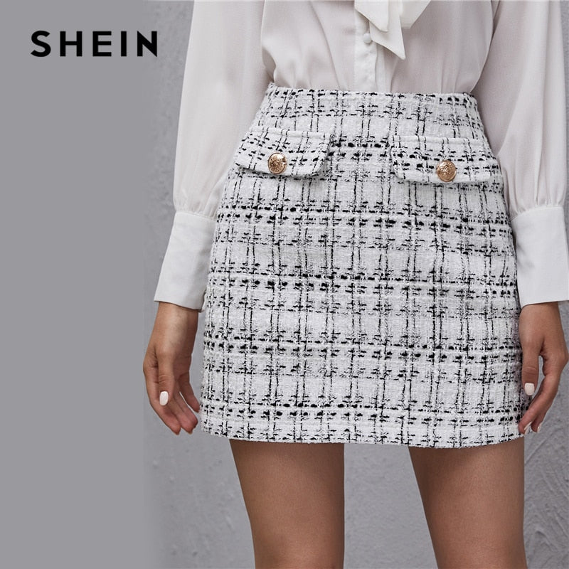 SHEIN, falda de Tweed a cuadros de cintura alta en blanco y negro para mujer, minifaldas elegantes rectas abotonadas para oficina de invierno para mujer