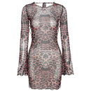Yimunancy Leopard Print Backless Dress Women Long Sleeve Mesh Dress 2021 Spring Halter Transparent Sexy Club Dress Vestidos