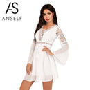 Anself Sexy Women's Dress V-Neck Hollow Out Long Sleeve Mini Chiffon Dress Elegant White Boho Woman Dress Casual Lace Vestido