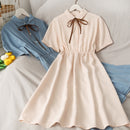 Vestido de gasa para mujer, lazo liso, cintura alta, cuello vuelto, estilo pijo, Kawaii Ulzzang, temperamento Popular, chicas, vacaciones de verano