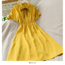 Vestido de gasa para mujer, lazo liso, cintura alta, cuello vuelto, estilo pijo, Kawaii Ulzzang, temperamento Popular, chicas, vacaciones de verano
