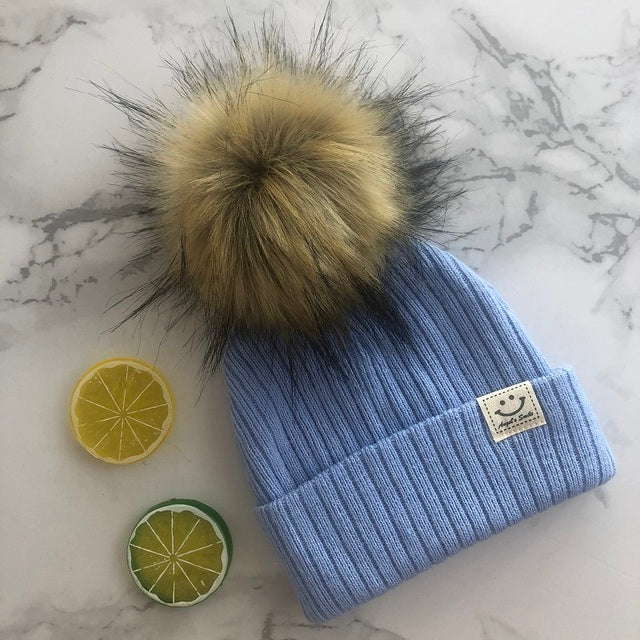 Gorro con pompón de piel sintética Unisex para invierno, bufanda para niños y niñas, gorros tejidos para bebés con gorro con pompón, accesorios para niños