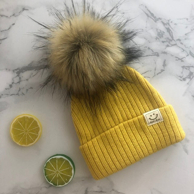 Winter Unisex Faux Fur Pompon Mütze Schal für Kinder Jungen Mädchen gestrickte Babymützen mit Bommelmütze Kinderzubehör