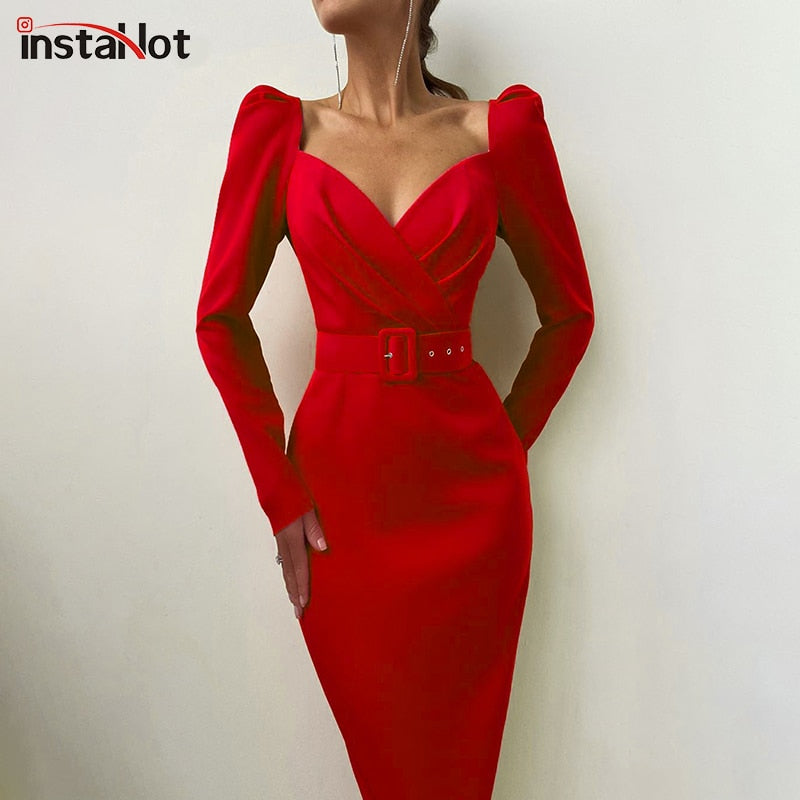 InstaHot Elegantes Party-Frauen-Kleid, schmal, V-Ausschnitt, langärmlig, mittellanges Bleistiftkleid, 2020, lässig, Bürodame, solide, rote Puffärmel