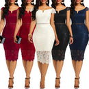 2020 Evening Party Women Sexy Off Shoulder V Neck Hollow Lace Bodycon Midi Dress Women&
